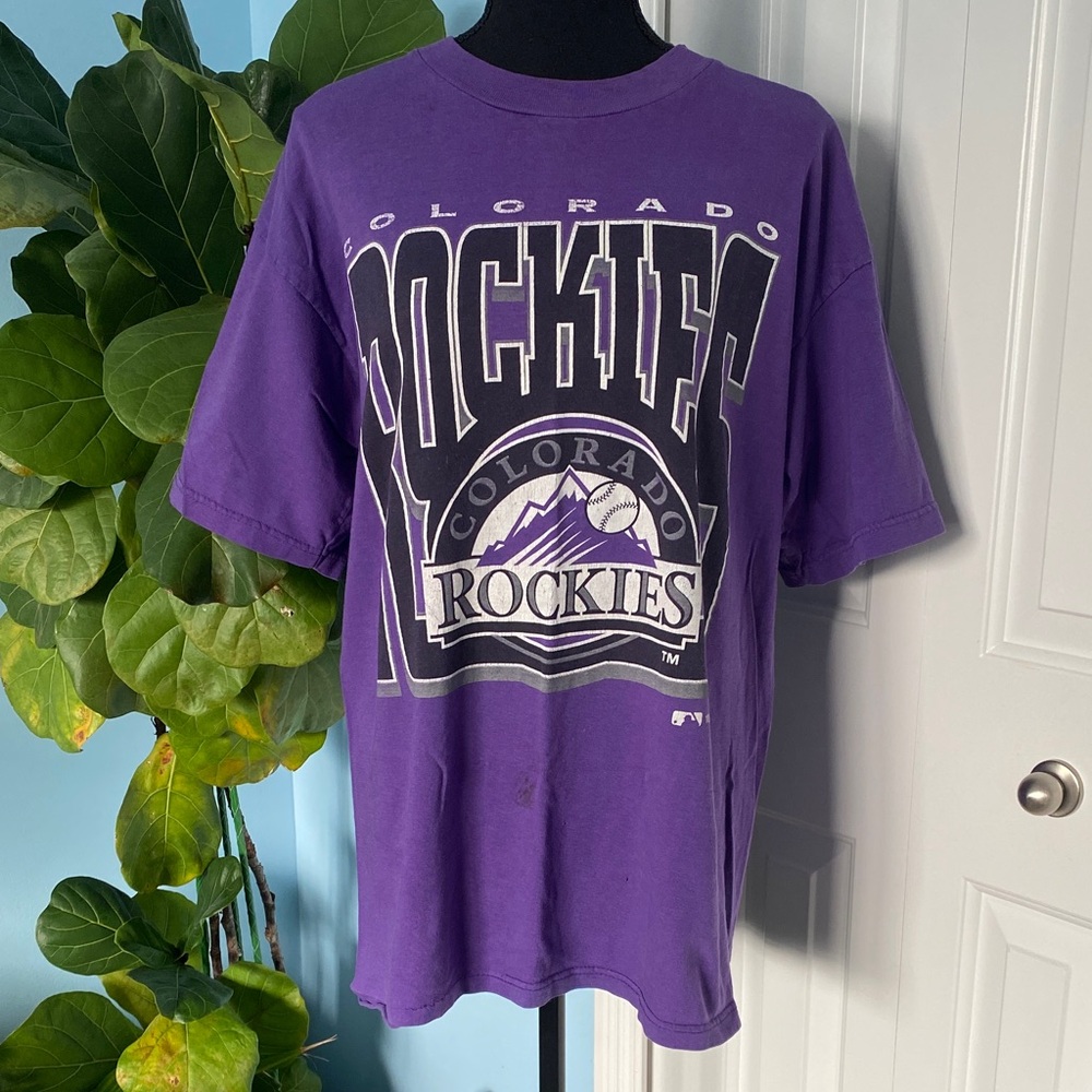 Rare Vintage 1995 Colorado Rockies MLB Team Graphic LOGO 7 Purple Large T-Shirt - Picture 8 of 9